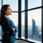 A professional businesswoman in a tailored, modest business suit, standing confidently in a sleek, modern corporate office. She is looking into the distance with a thoughtful and visionary expression, embodying strategic foresight. Large windows overlook a bustling city skyline at sunrise, symbolizing future growth. A subtle digital data display is visible in the background. perfect anatomy, correct proportions, natural pose, well-formed hands, proper finger count, natural body proportions, fully clothed, modest clothing, appropriate attire, professional dress, safe for work, appropriate content, professional photography, high quality, realistic.