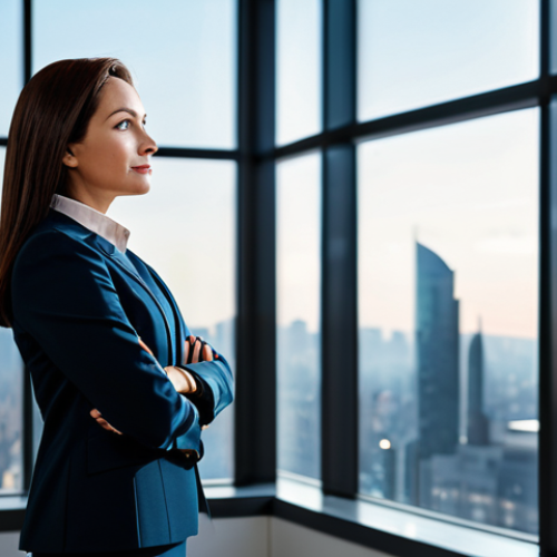 A professional businesswoman in a tailored, modest business suit, standing confidently in a sleek, modern corporate office. She is looking into the distance with a thoughtful and visionary expression, embodying strategic foresight. Large windows overlook a bustling city skyline at sunrise, symbolizing future growth. A subtle digital data display is visible in the background. perfect anatomy, correct proportions, natural pose, well-formed hands, proper finger count, natural body proportions, fully clothed, modest clothing, appropriate attire, professional dress, safe for work, appropriate content, professional photography, high quality, realistic.