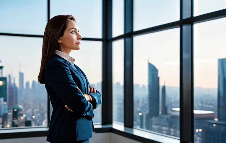 A professional businesswoman in a tailored, modest business suit, standing confidently in a sleek, modern corporate office. She is looking into the distance with a thoughtful and visionary expression, embodying strategic foresight. Large windows overlook a bustling city skyline at sunrise, symbolizing future growth. A subtle digital data display is visible in the background. perfect anatomy, correct proportions, natural pose, well-formed hands, proper finger count, natural body proportions, fully clothed, modest clothing, appropriate attire, professional dress, safe for work, appropriate content, professional photography, high quality, realistic.