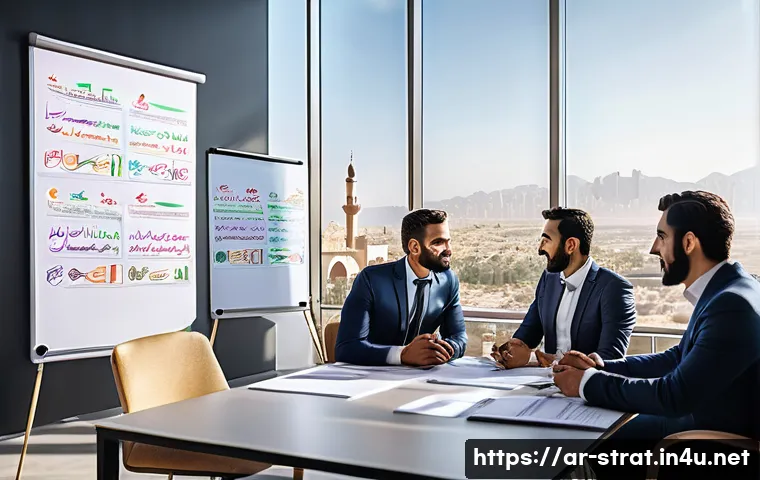 전략경영의 기본 프로세스 이해 - A modern Arab corporate office meeting room filled with diverse professionals in formal attire, enga...