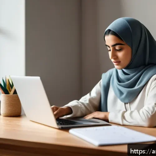 전략경영 자격증 합격 후기 - A focused young Middle Eastern woman studying at a clean, modern desk in a quiet, cozy room decorate...