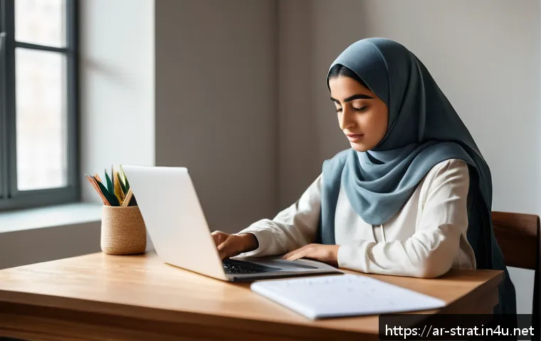 전략경영 자격증 합격 후기 - A focused young Middle Eastern woman studying at a clean, modern desk in a quiet, cozy room decorate...