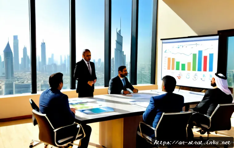 전략경영 성공 사례 분석 - Photorealistic strategic management success analysis in a modern Gulf-region boardroom, diverse Arab...